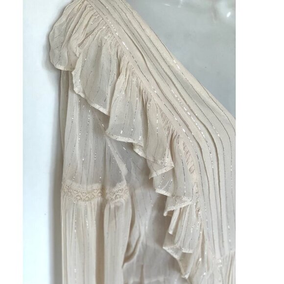 Anthropologie Ruffle Tunic Top Womens Ivory VNeck Long Sleeve Fairycore Metallic - Picture 10 of 12